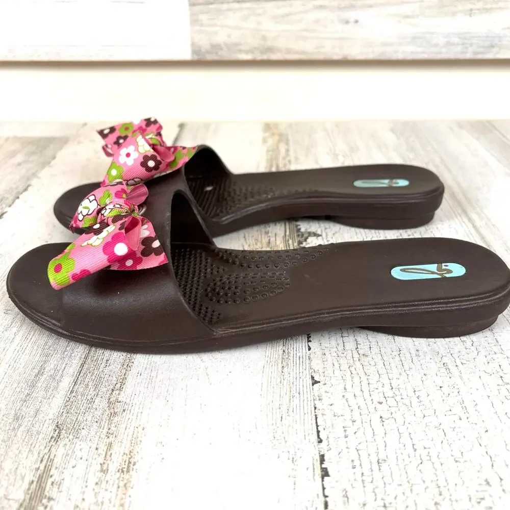 Oka-B Madison Brown Pink Floral Bow Slide Sandals Womens M/L NEW Casual